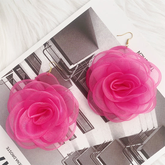 Petal Pusher Tassel Earrings — Fabric Organza Rose Flower Earrings