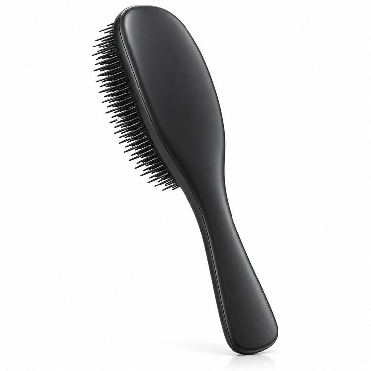 Black Knotty Brush detangling hair brush, back view on a white background