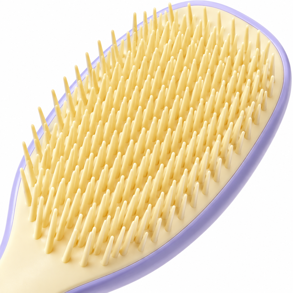 Yellow purple Knotty Brush detangling hair brush with yellow bristles and a lavender edge, close-up