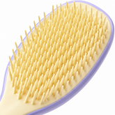 Yellow purple Knotty Brush detangling hair brush with yellow bristles and a lavender edge, close-up