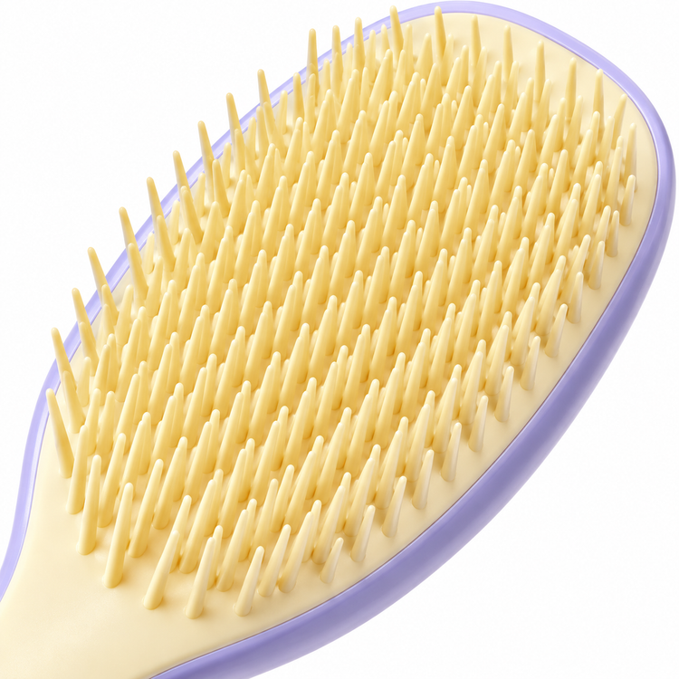 Yellow purple Knotty Brush detangling hair brush with yellow bristles and a lavender edge, close-up