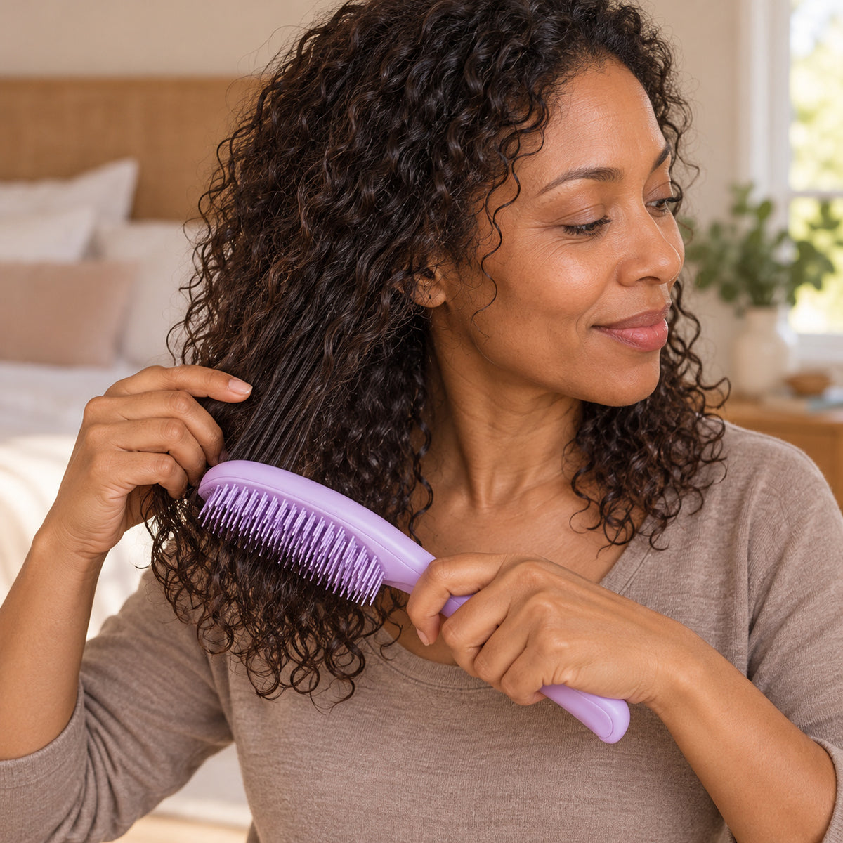 Woman with curly hair using the purple Knotty Brush to detangle her hair