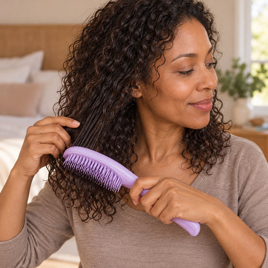 Woman with curly hair using the purple Knotty Brush to detangle her hair