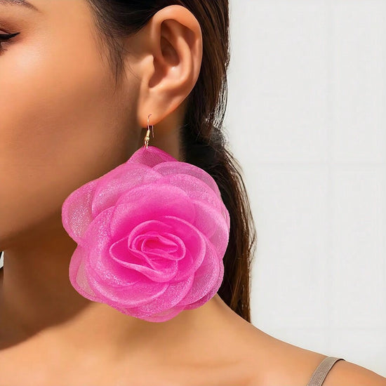 Petal Pusher Tassel Earrings — Fabric Organza Rose Flower Earrings