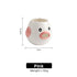 Pink ceramic chick egg white separator with a pink beak and size dimensions on a white background