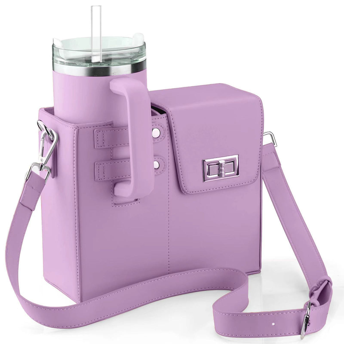 Purple structured crossbody bag with built-in drink holder