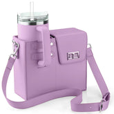 Purple structured crossbody bag with built-in drink holder