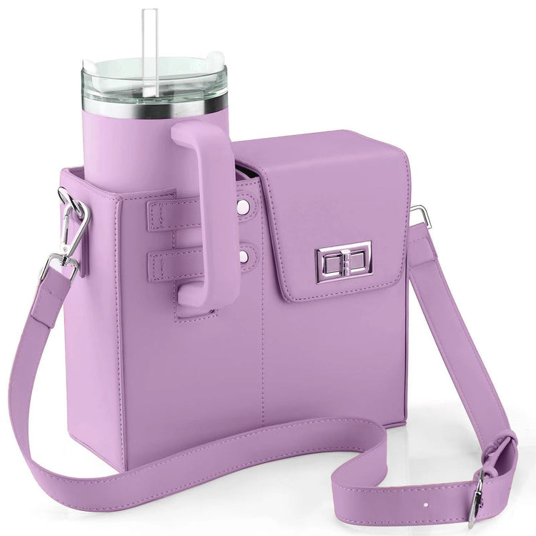 Purple structured crossbody bag with built-in drink holder