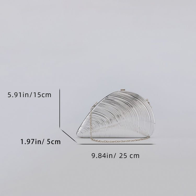 Silver shell acrylic clutch purse with dimension measurements, size guide view