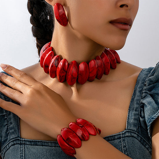 Red On The Rocks Geometric Jewelry Set — Handmade Ombre Necklace, Earrings & Bracelet (4pcs)