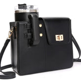 Black crossbody bag with lock buckle closure and cup holder