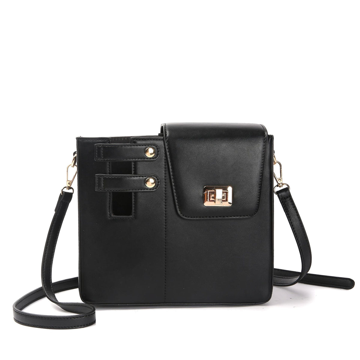 Black STAN Sack crossbody bag with lock buckle closure and adjustable shoulder strap, front view
