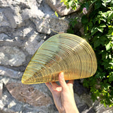 Hand holding a gold ribbed fan-shaped acrylic clutch against a rustic stone wall with green foliage