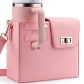 Pink crossbody bag with built-in cup holder for oversized tumbler