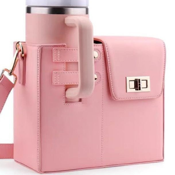 Pink crossbody bag with built-in cup holder for oversized tumbler