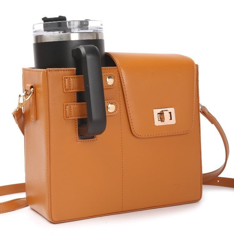 Brown PU leather crossbody bag with tumbler cup holder attachment