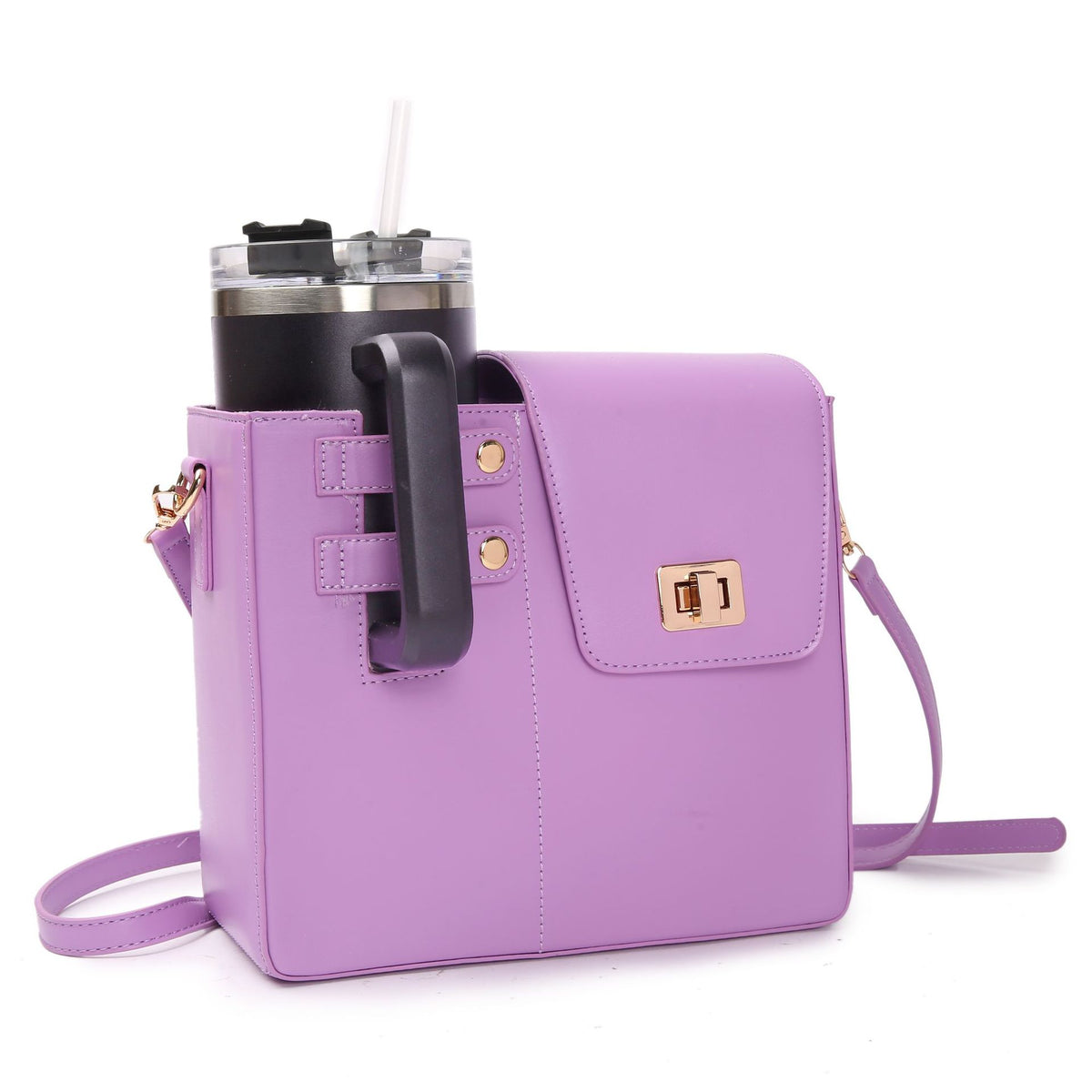 Purple STAN Sack crossbody bag with side cup holder holding a tumbler, front view