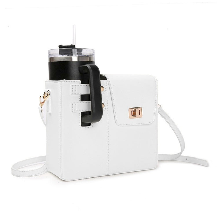 White crossbody bag with built-in tumbler holder, side view