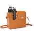 Brown STAN Sack crossbody bag with side cup holder holding a tumbler, front view