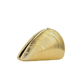 Gold shell acrylic clutch purse, angled front view on a white background